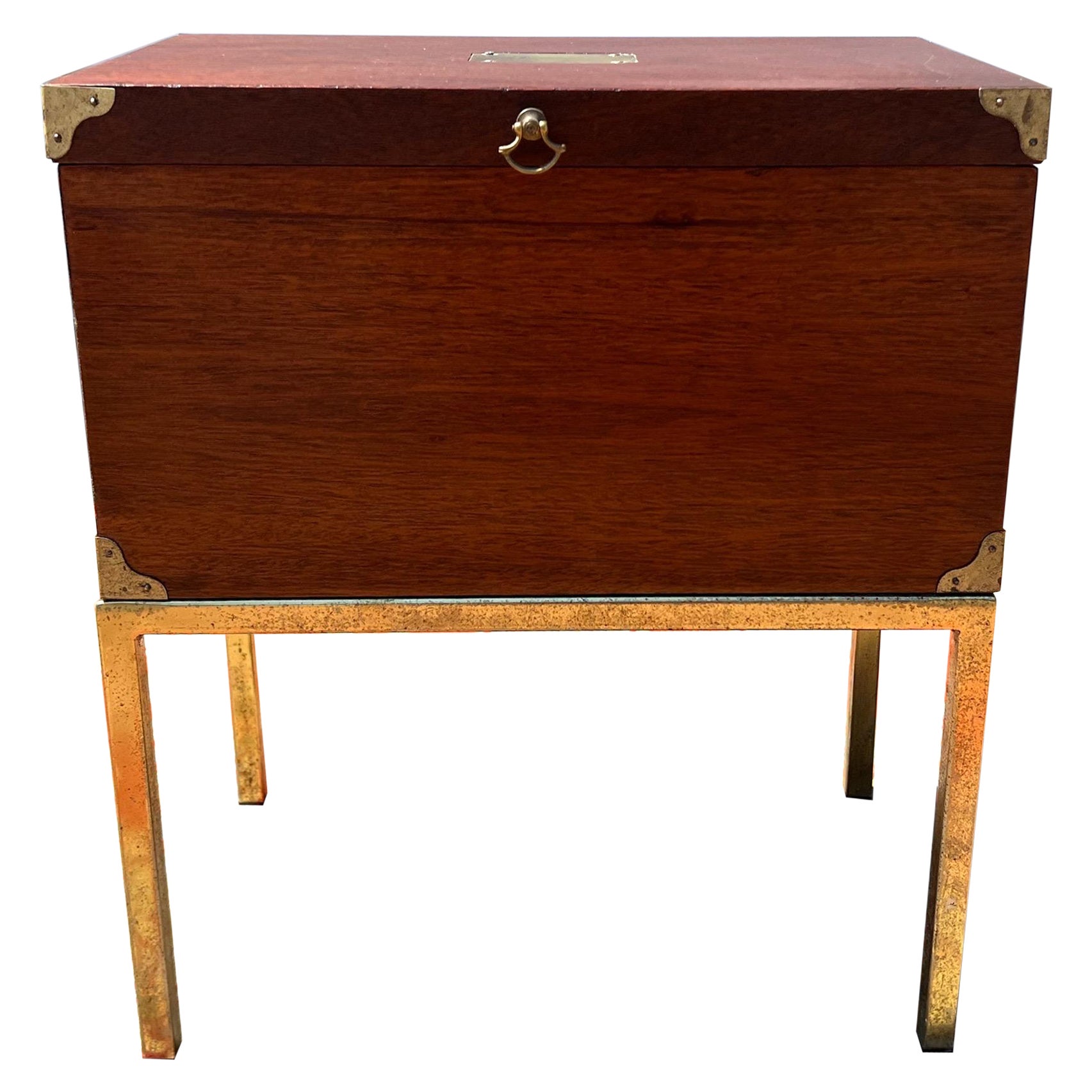 Vintage Brass and Mahogany Chest on Stand Side Table