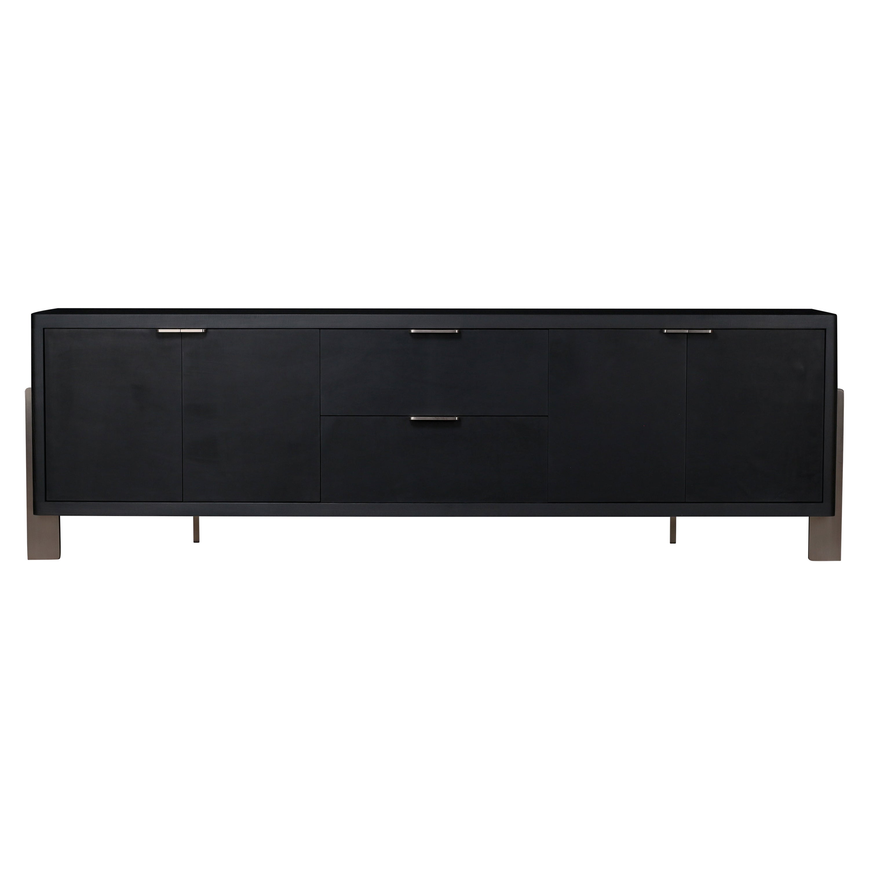 Dreyfus Sideboard, by AMBROZIA, Ebonized Ash, Black Leather & Dull Champagne For Sale