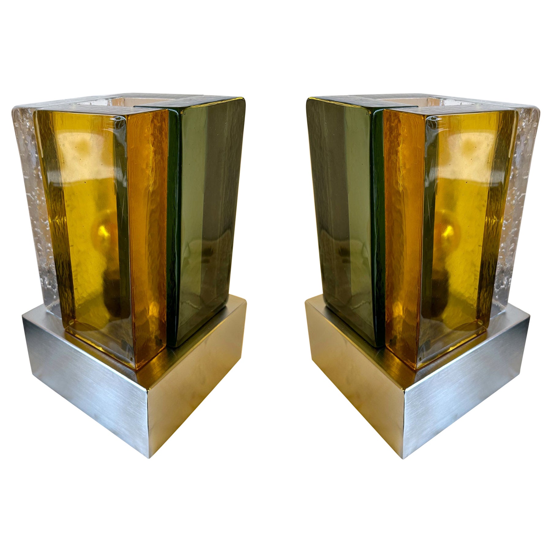Zeitgenössisches Lampenpaar aus kubischem Murano-Glas und rostfreiem Stahl, Italien im Angebot