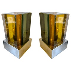 Zeitgenössisches Lampenpaar aus kubischem Murano-Glas und rostfreiem Stahl, Italien