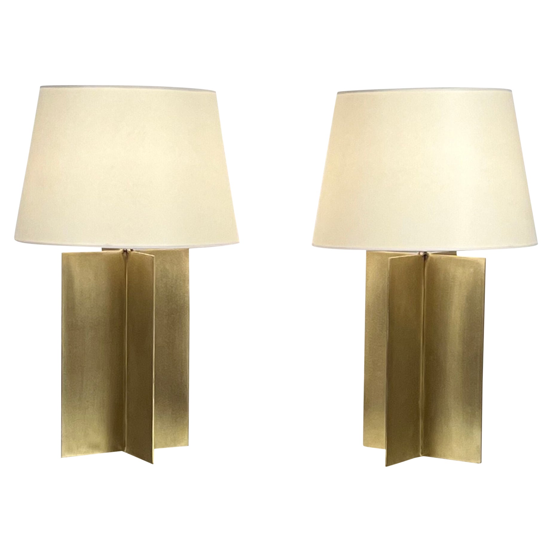 Pair of Large Brass 'Croisillon' Lamps with Parchment Shades by Design Frères