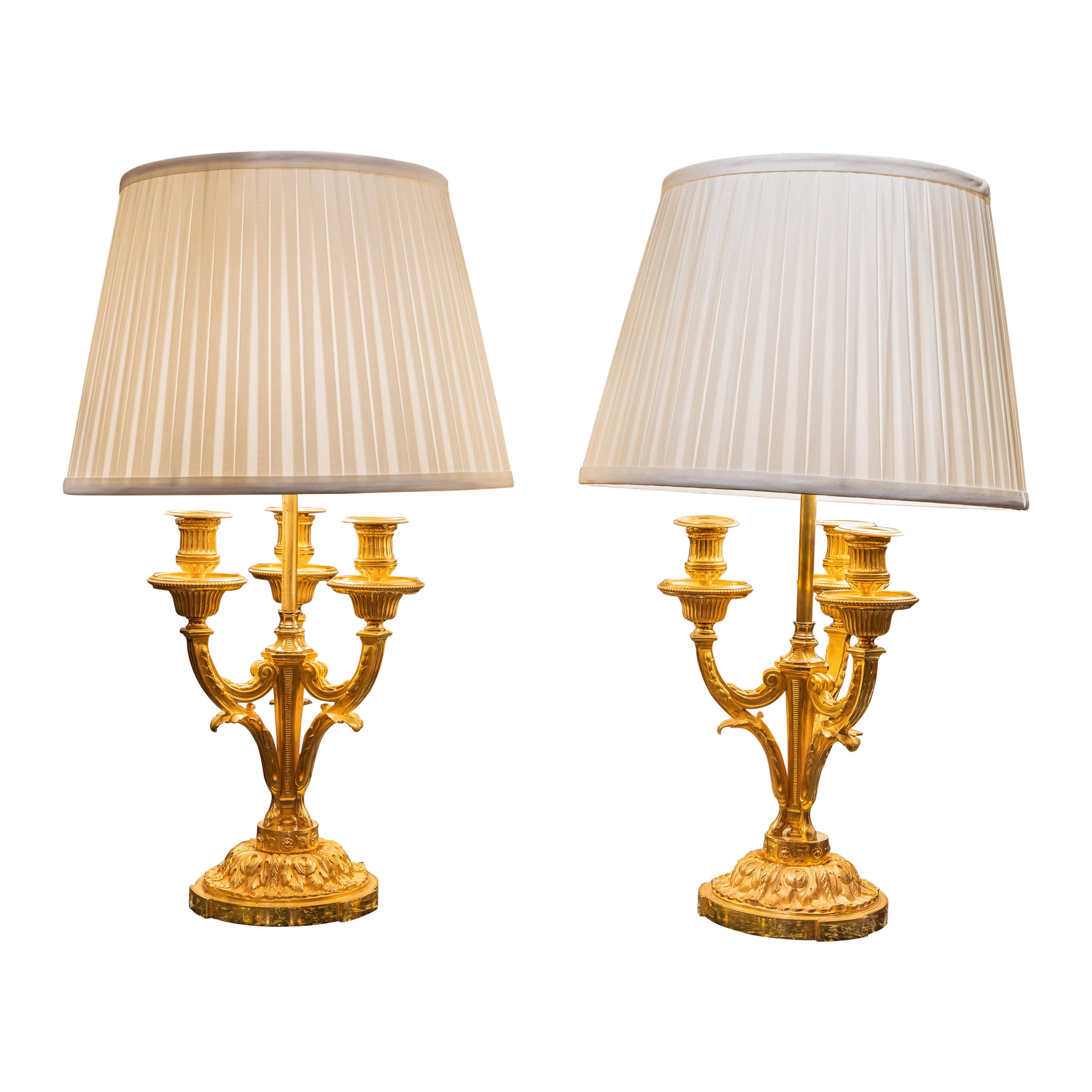A fine pair of 19th century Louis XVI gilt bronze candelabrum lamps  For Sale