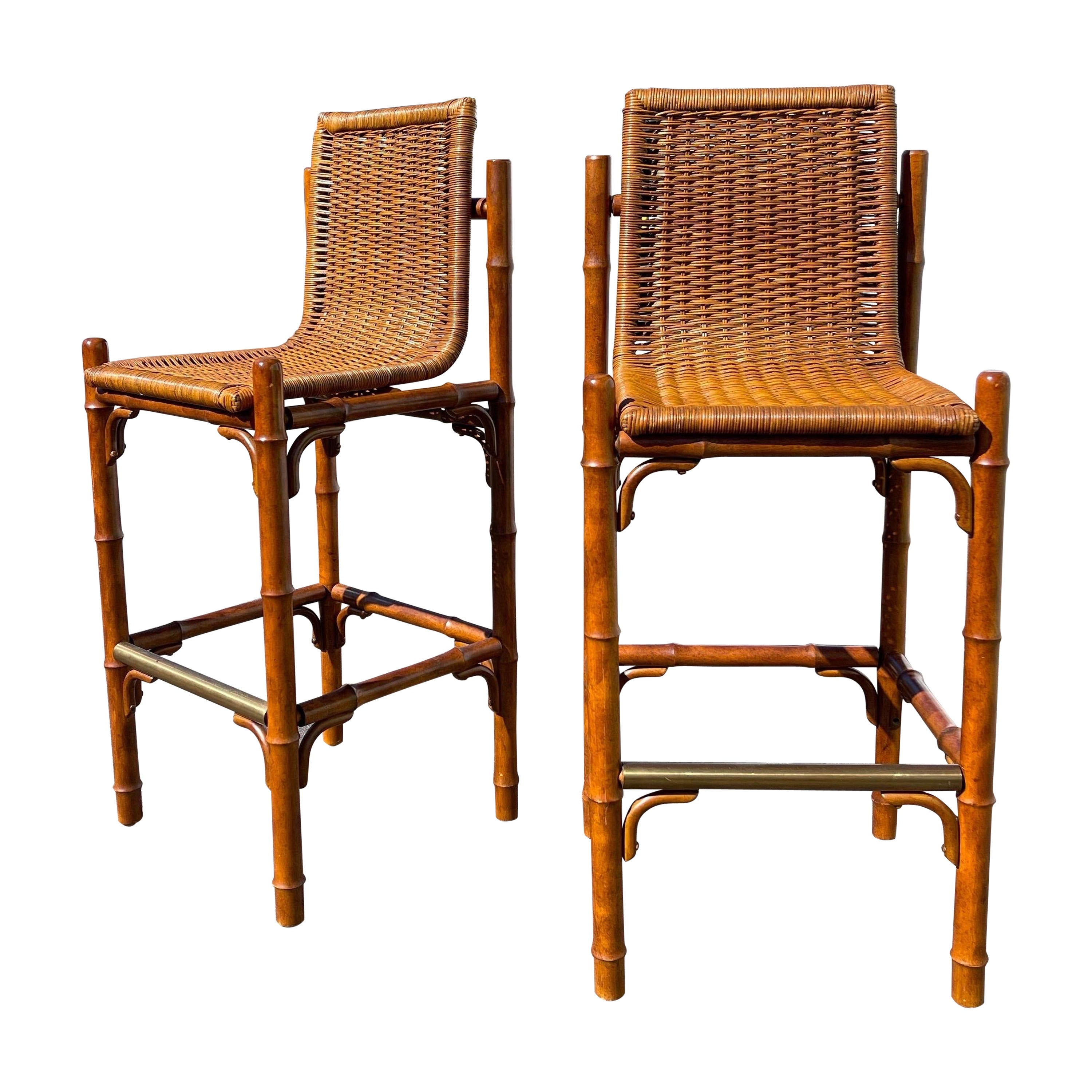 Mid-Century Faux Bamboo Wicker Barstools, a Pair For Sale
