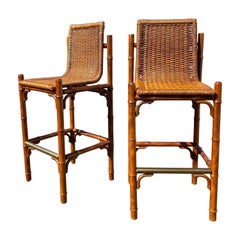 Vintage Mid-Century Faux Bamboo Wicker Barstools, a Pair