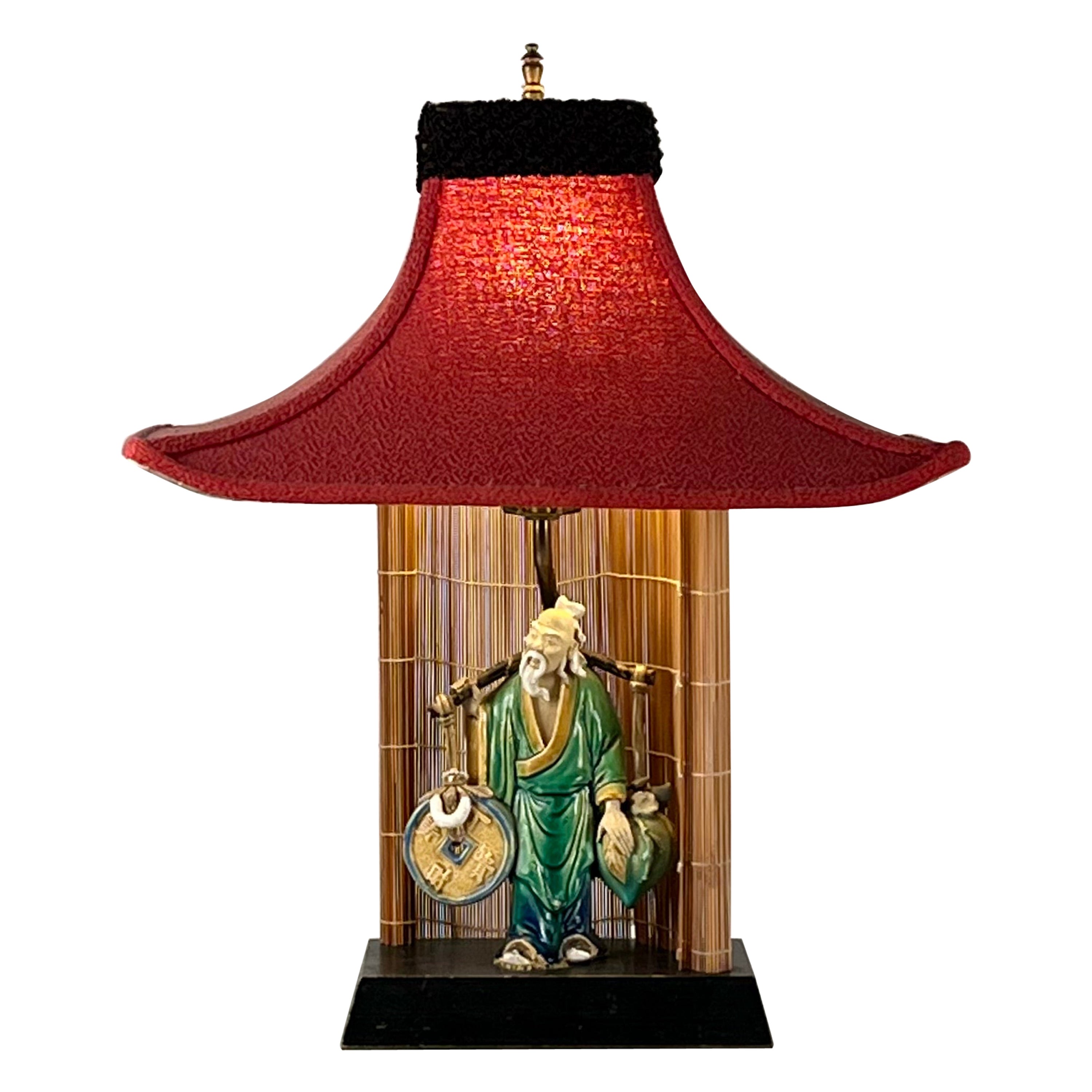 Whimsical Chinese Figurine Midcentury Ceramic Lamp For Sale