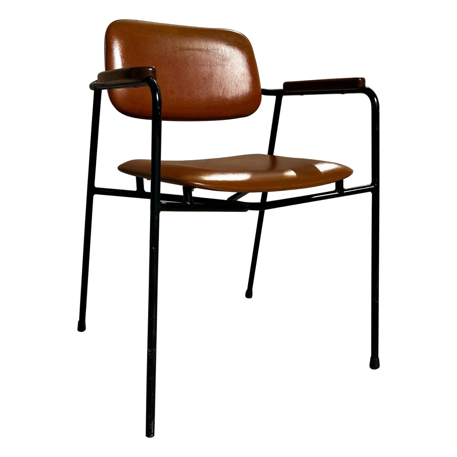 Vintage 1950s metal, oak and brown leatherette armchair in Pierre Paulin style 