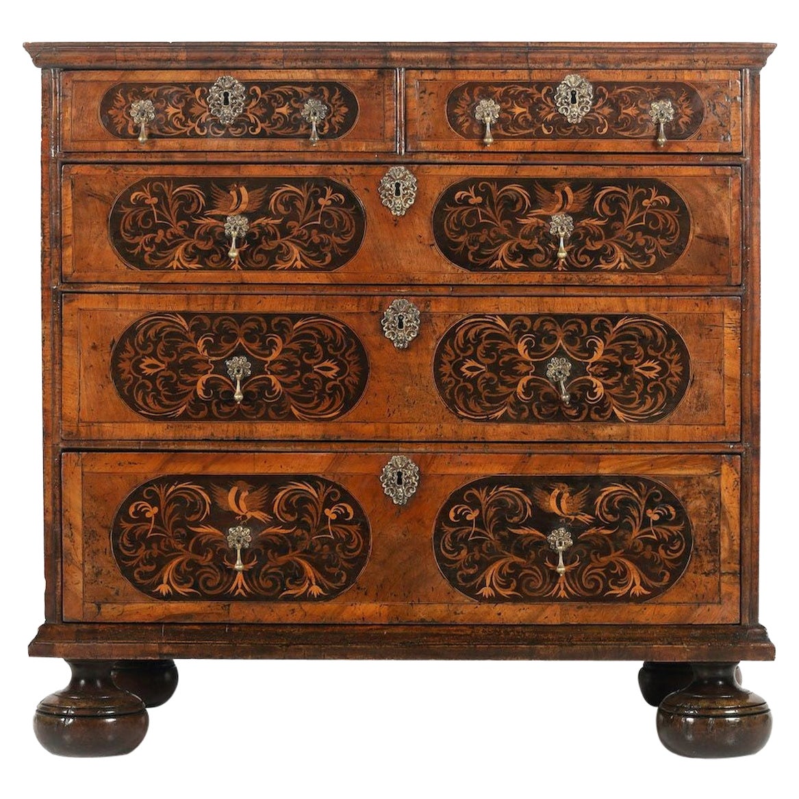17th c. English William & Mary Walnut and Ebony Seaweed Marquetry Commode For Sale