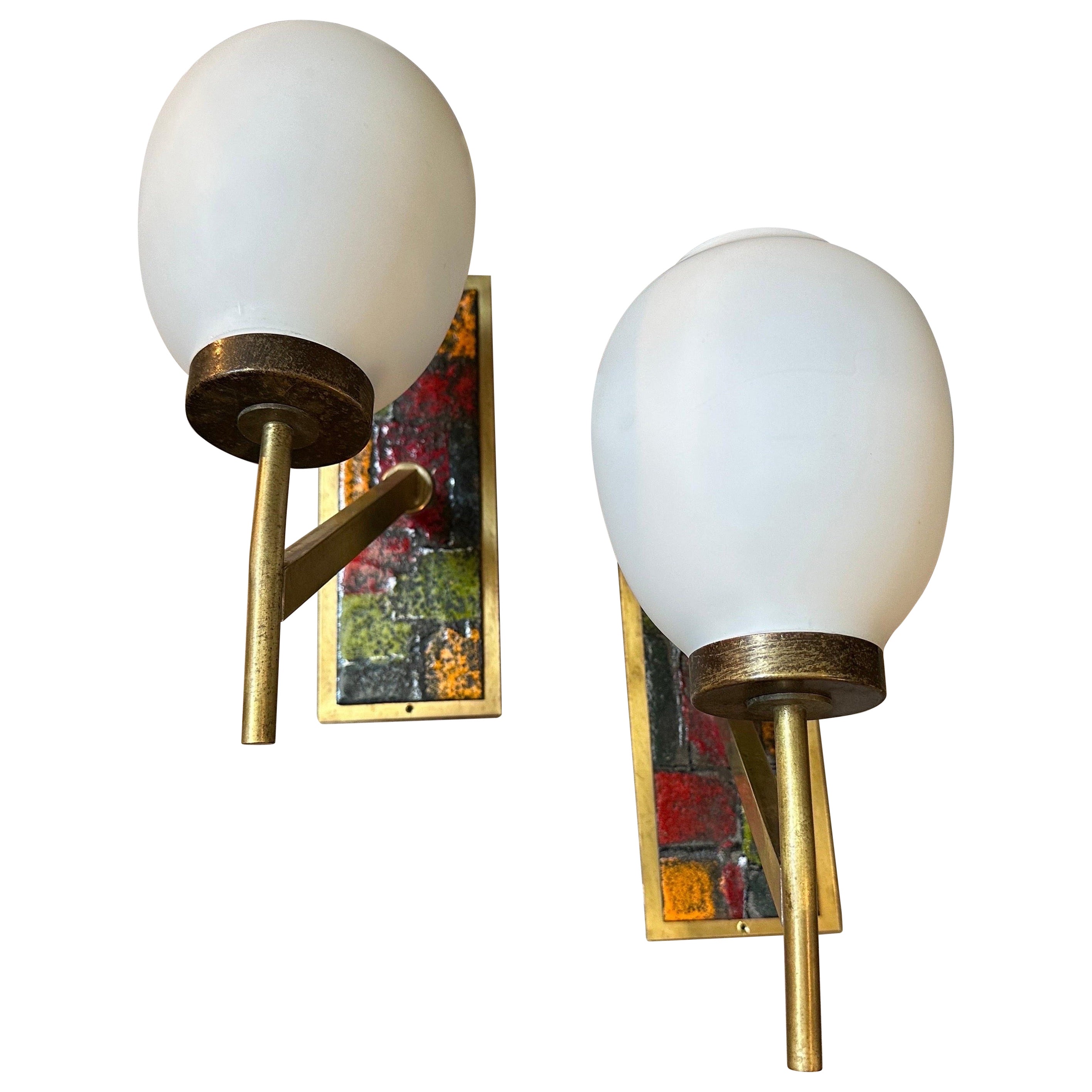 1950s Mid-Century Modern Enameled Brass and Glass Italian Wall Sconces