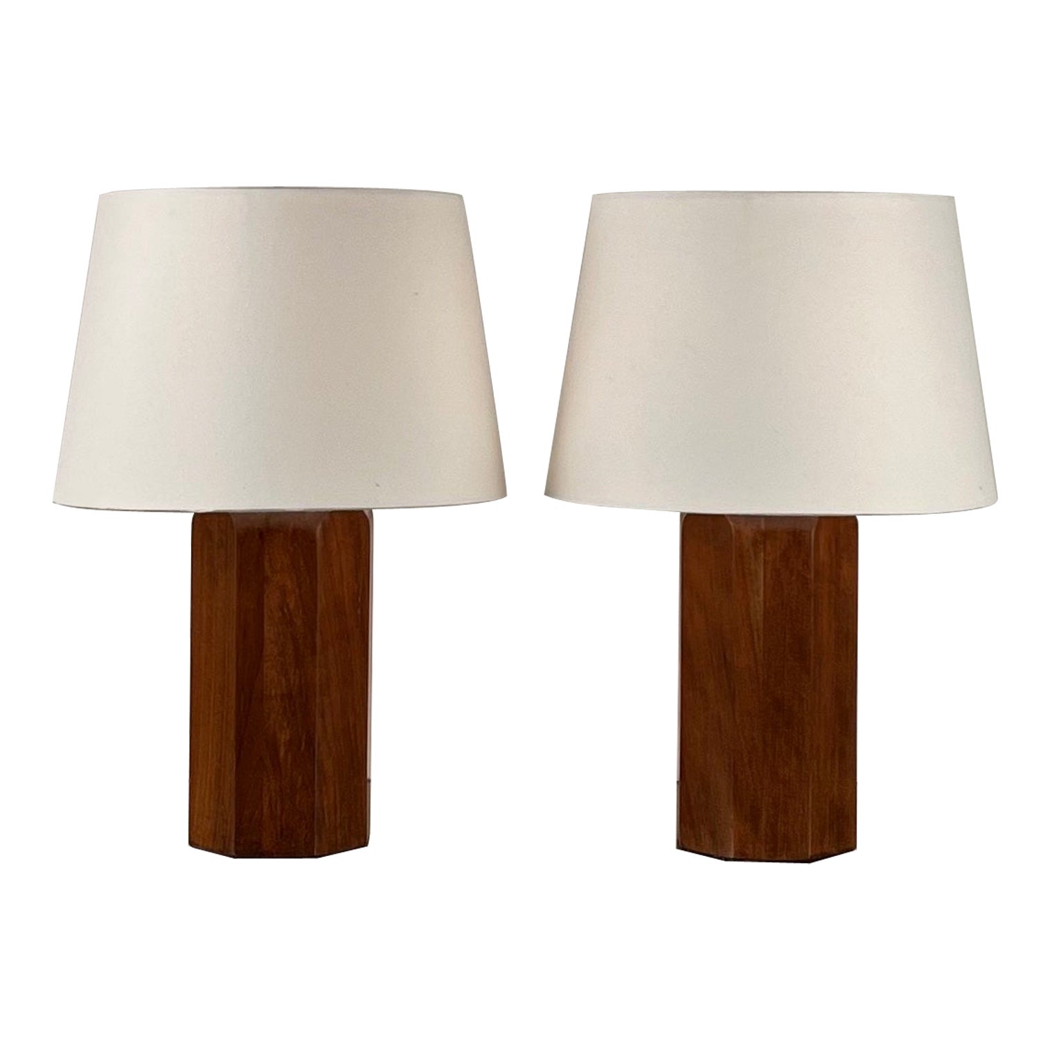Pair of 'Octogone' Walnut Table Lamps with Parchment Shades by Design Frères For Sale