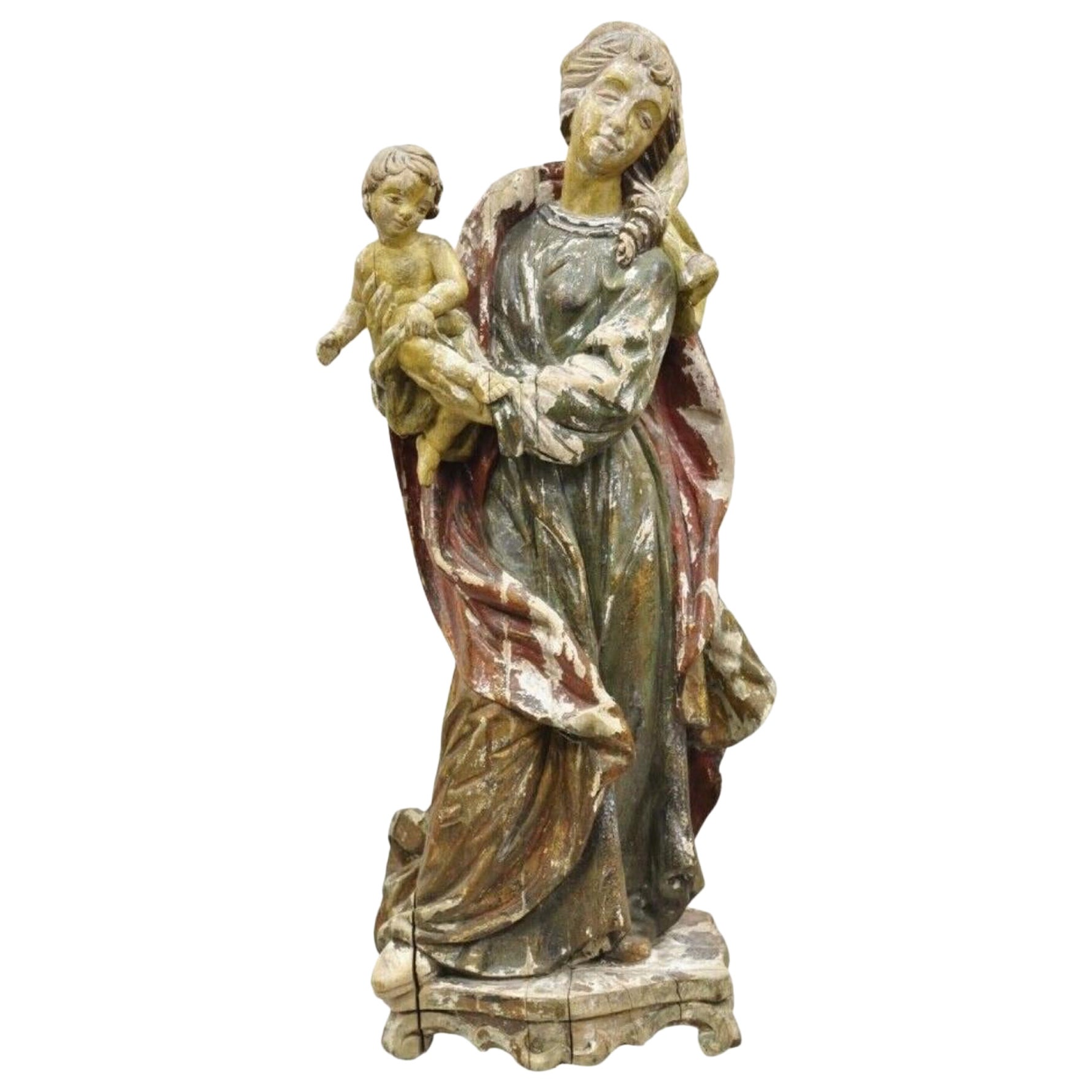 Antike spanische, lateinische, polychromierte, geschnitzte Holzfigur Madonna und Kinderstatue aus Holz