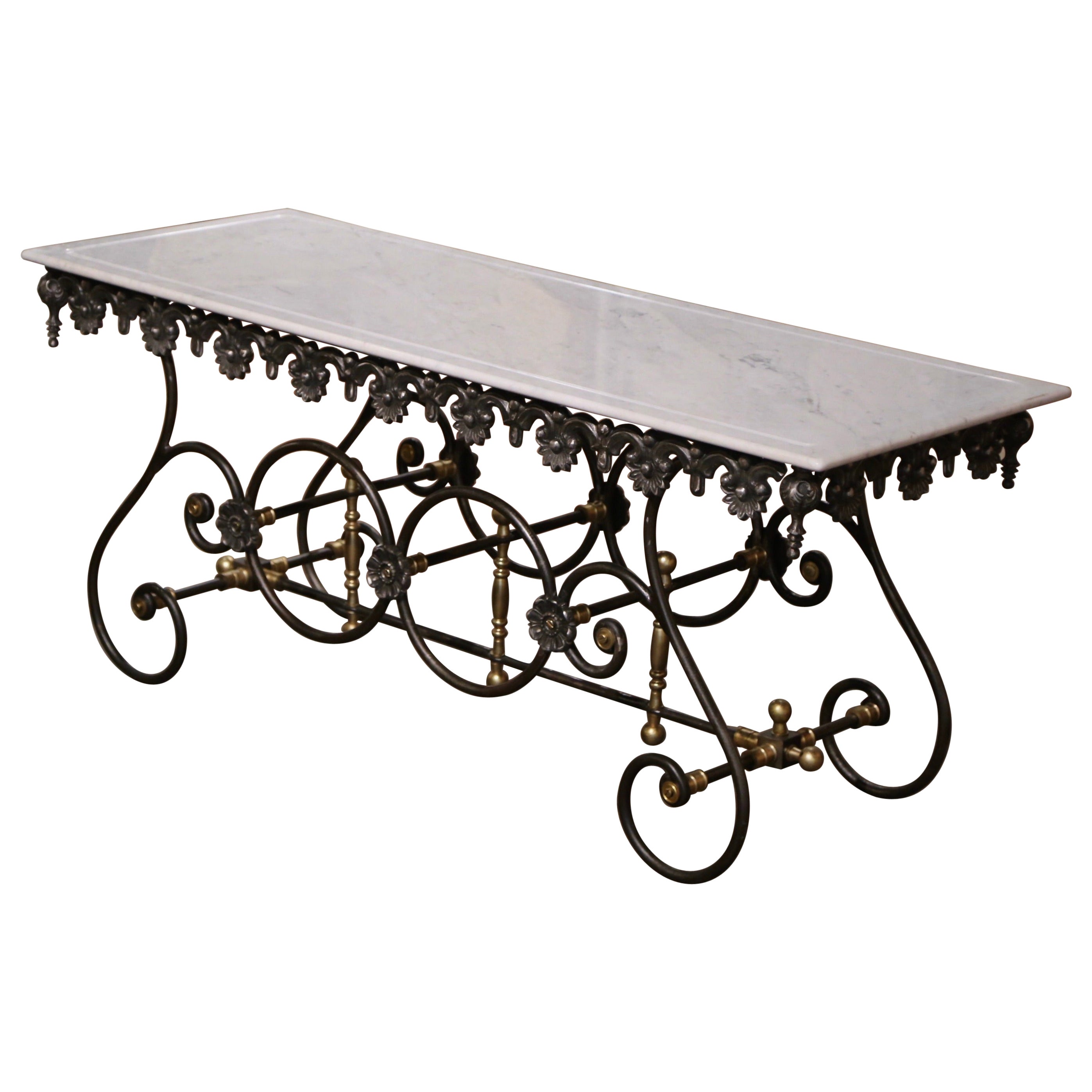 Vintage French Marble Top Polished Iron and Brass Mounts Butcher Pastry Table  For Sale