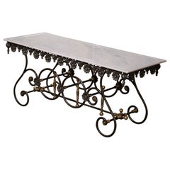 Used French Marble Top Polished Iron and Brass Mounts Butcher Pastry Table 