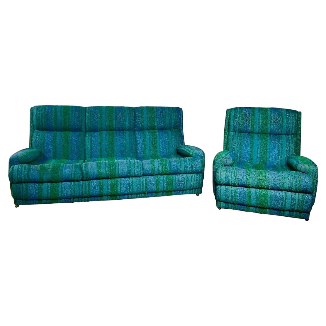 Mid Century Three Seater Sofa and Matching Armchair Blue and Green
