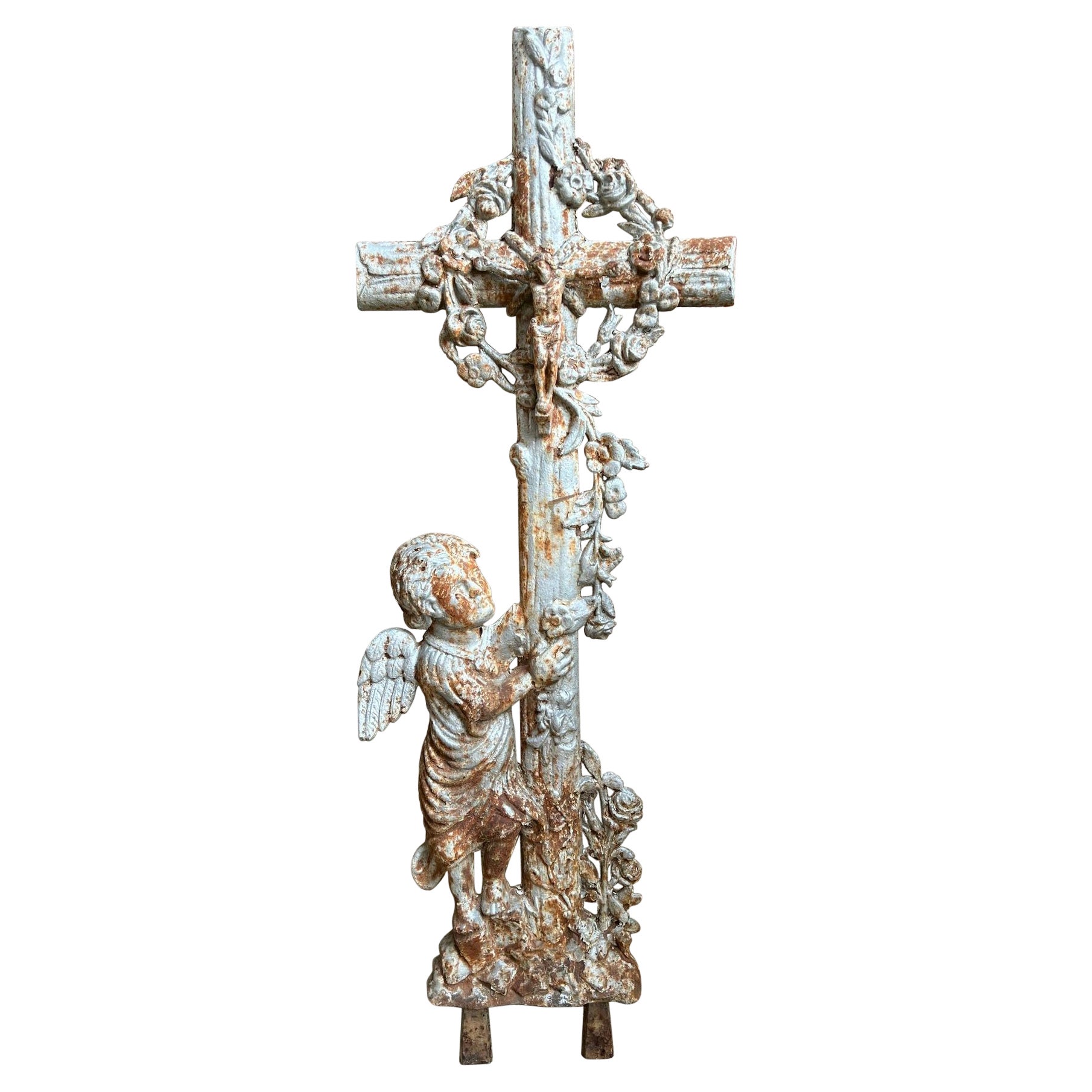 SMALL Antique French Cast Iron Cemetery Cross Crucifix Child Angel Garden Chapel For Sale