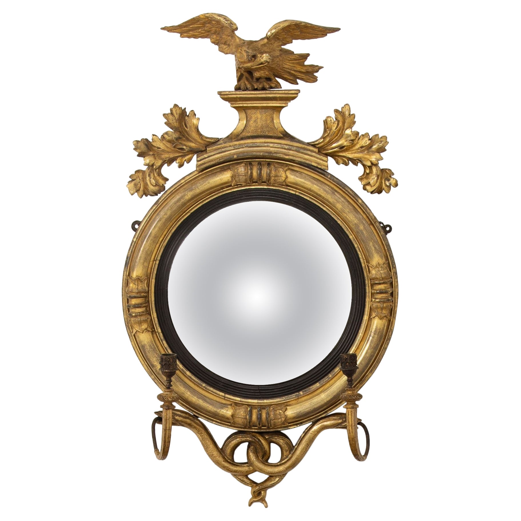 19e s. Miroir convexe de style Régence anglaise en bois doré d'origine