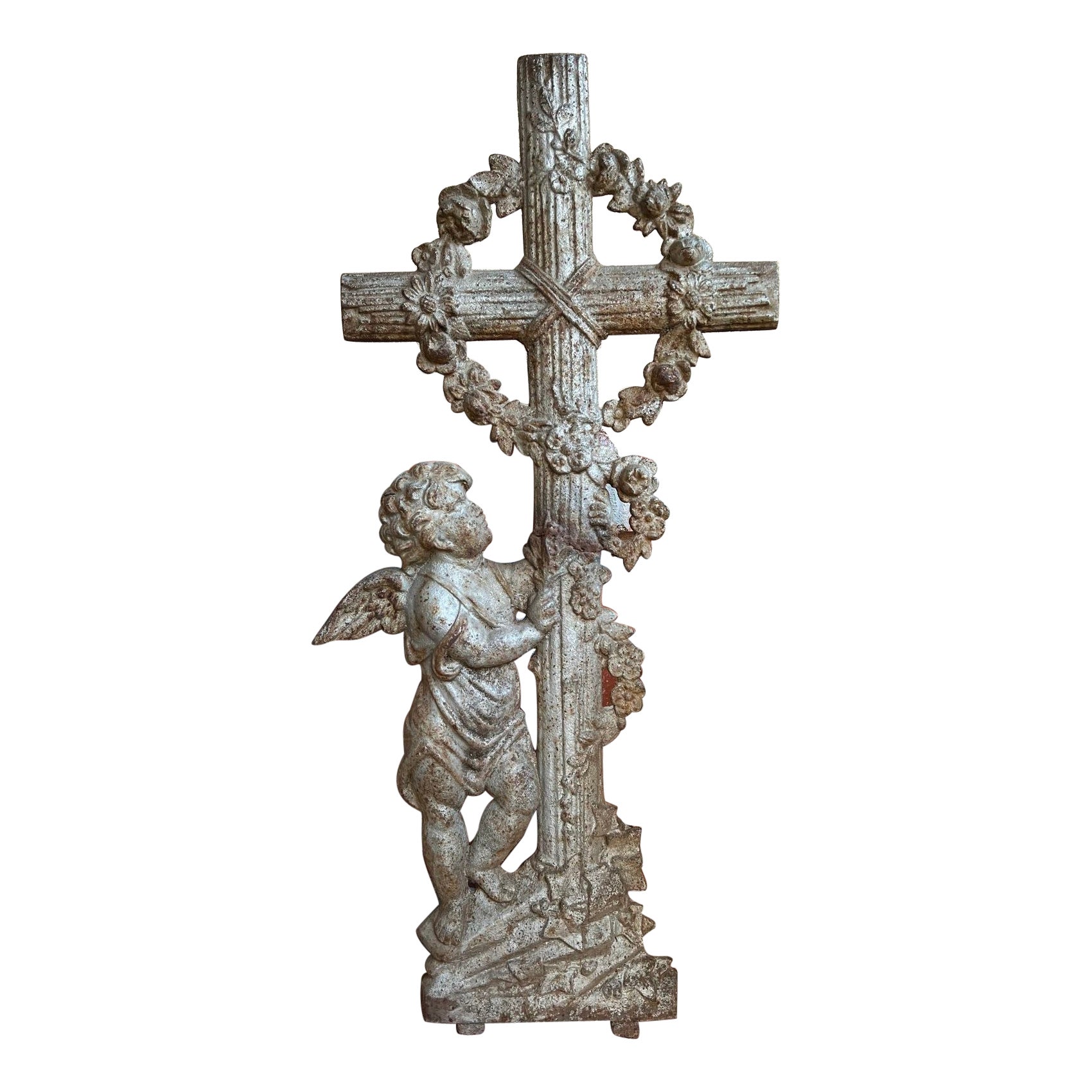 SMALL Antique French Cast Iron Cemetery Cross Crucifix Child Angel Garden Chapel For Sale