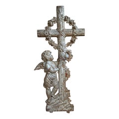 SMALL Antique Cemetery French Cast Iron Cemetery Cross Crucifix Child Angel Garden Chapel