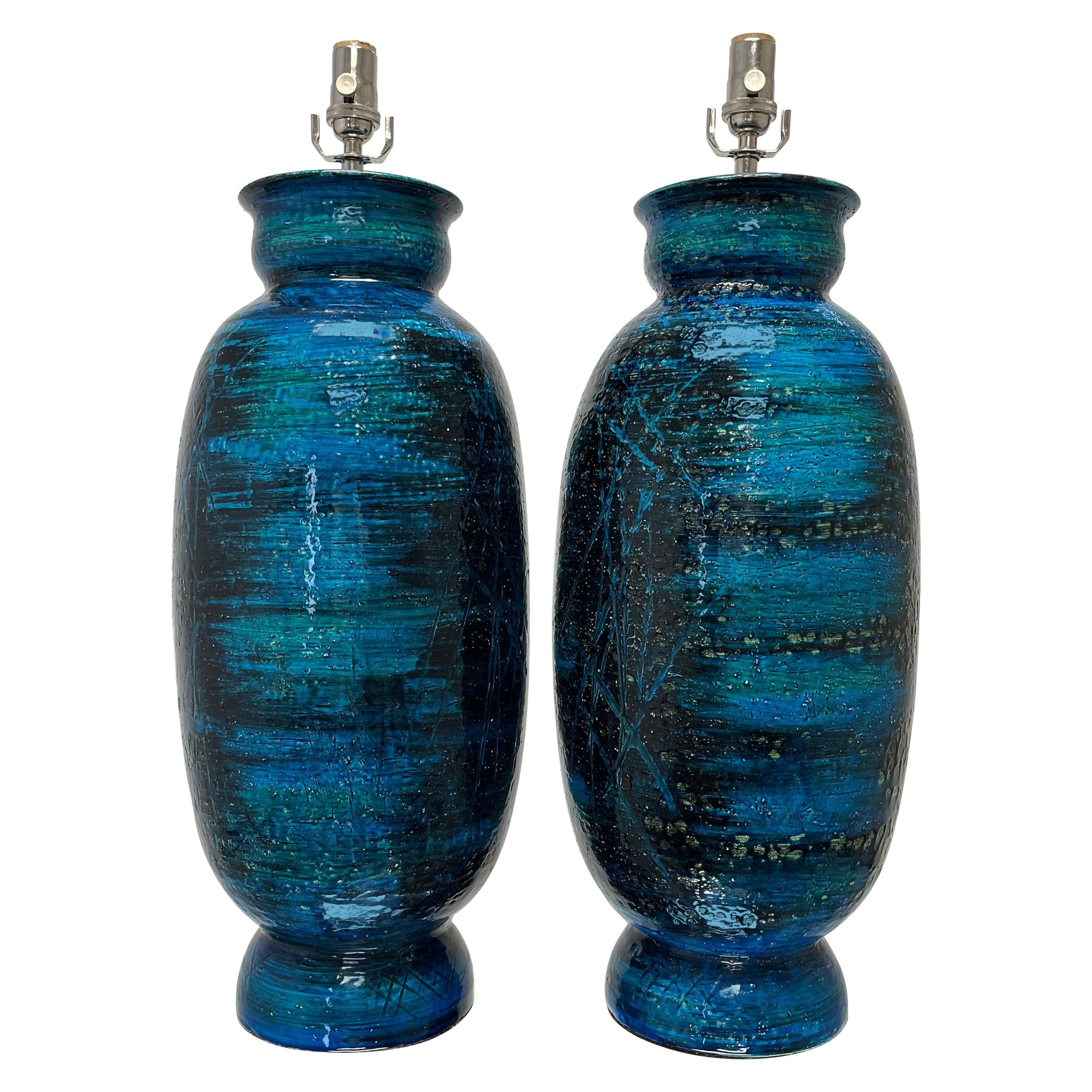 Large Ceramic Pair Rimini Blue Table Lamps by Aldo Londi for Bitossi, Italy For Sale