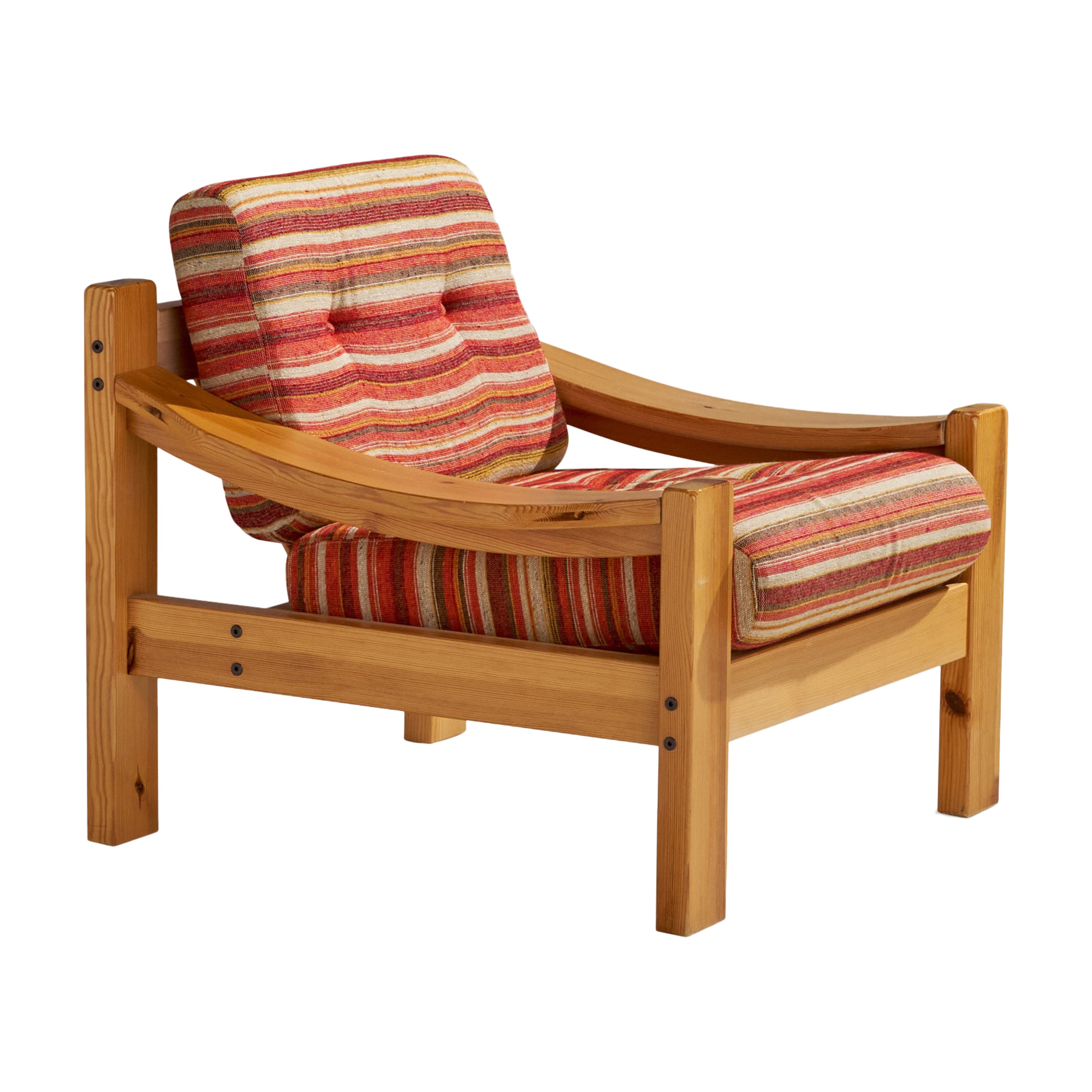 Swedish Designer, Lounge Chair, Pine, Fabric, Sweden, 1970s For Sale