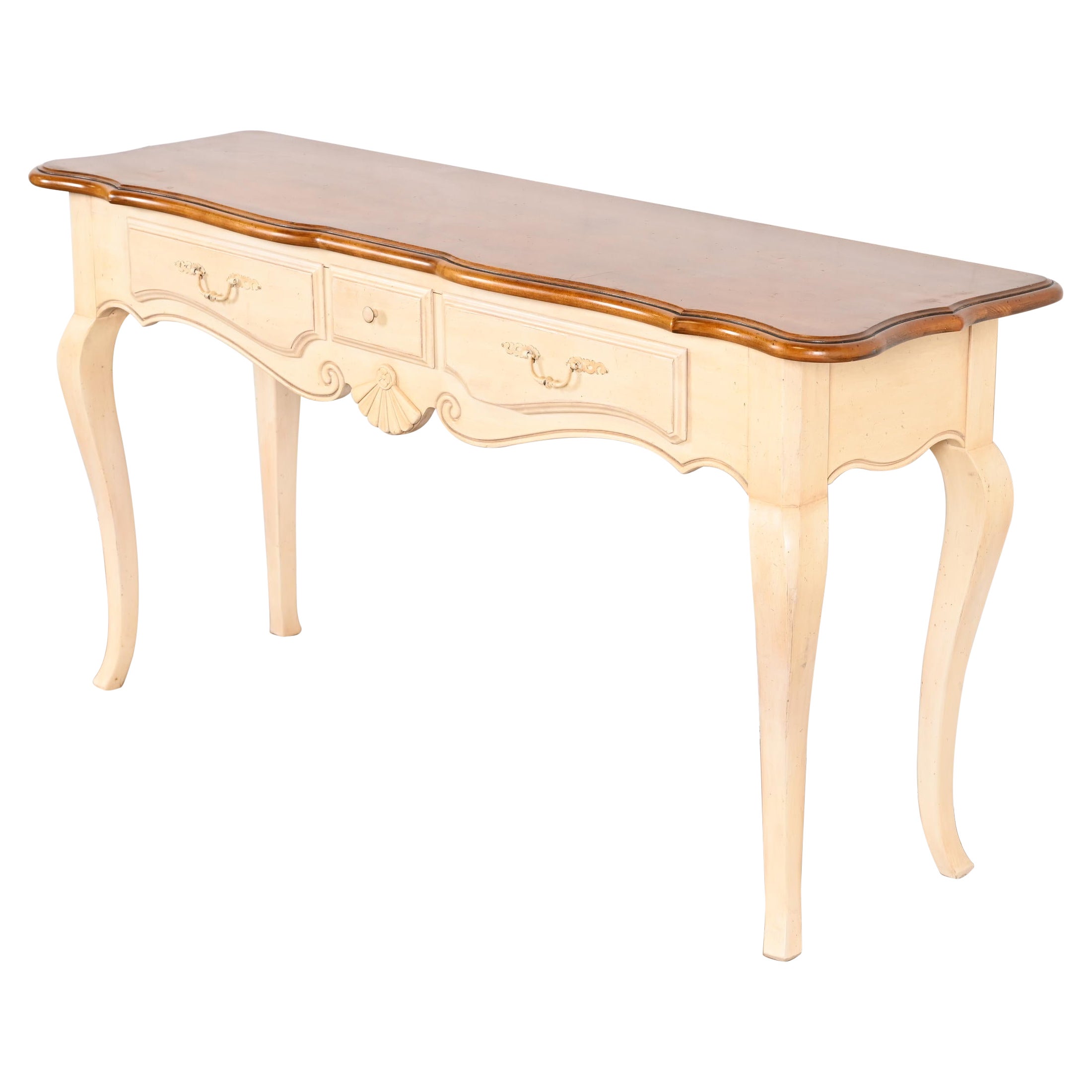 French Provincial Louis XV Solid Maple and White Lacquered Console or Sofa Table For Sale