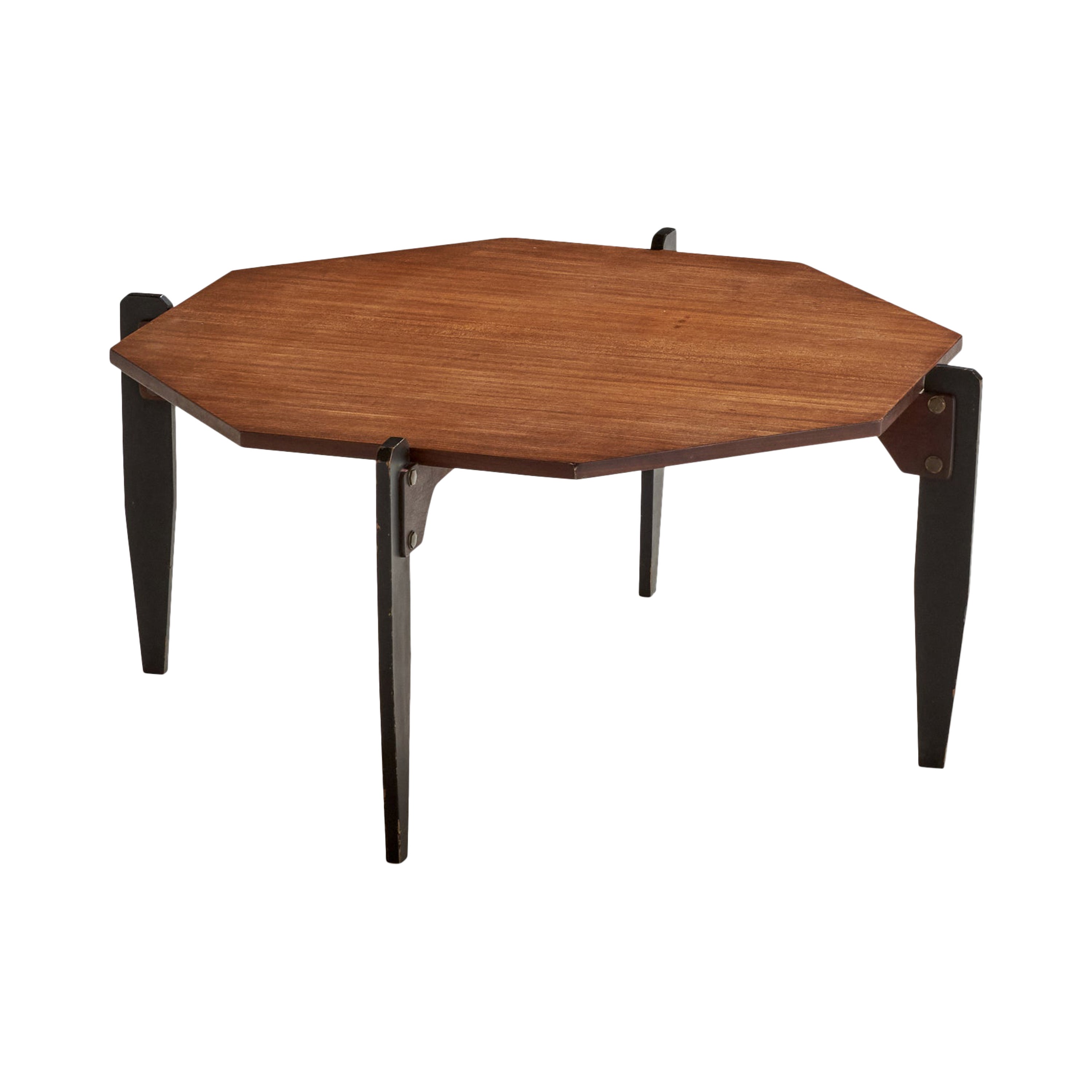 Italian Designer, Coffee Table, Teak, Wood, Brass, Italy, 1950s For Sale