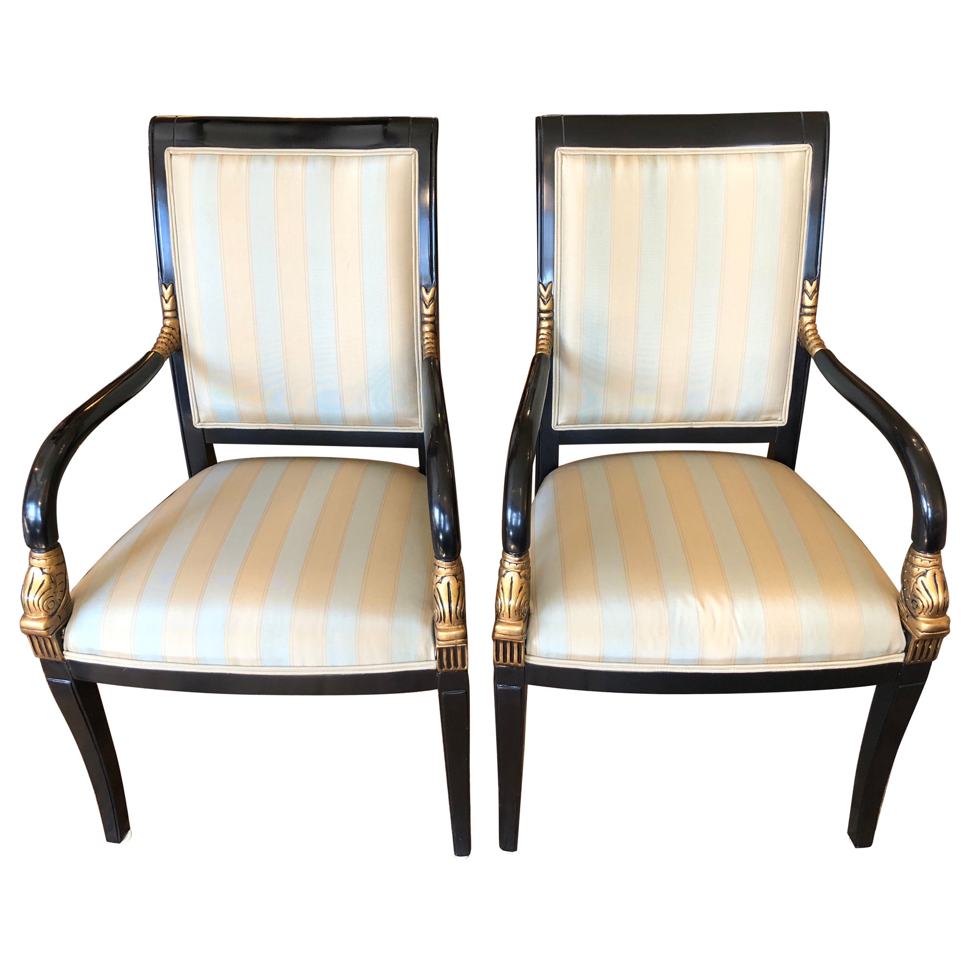 Elegant Pair of Regency Style Black & Gold Dolphin Motif Armchairs For Sale