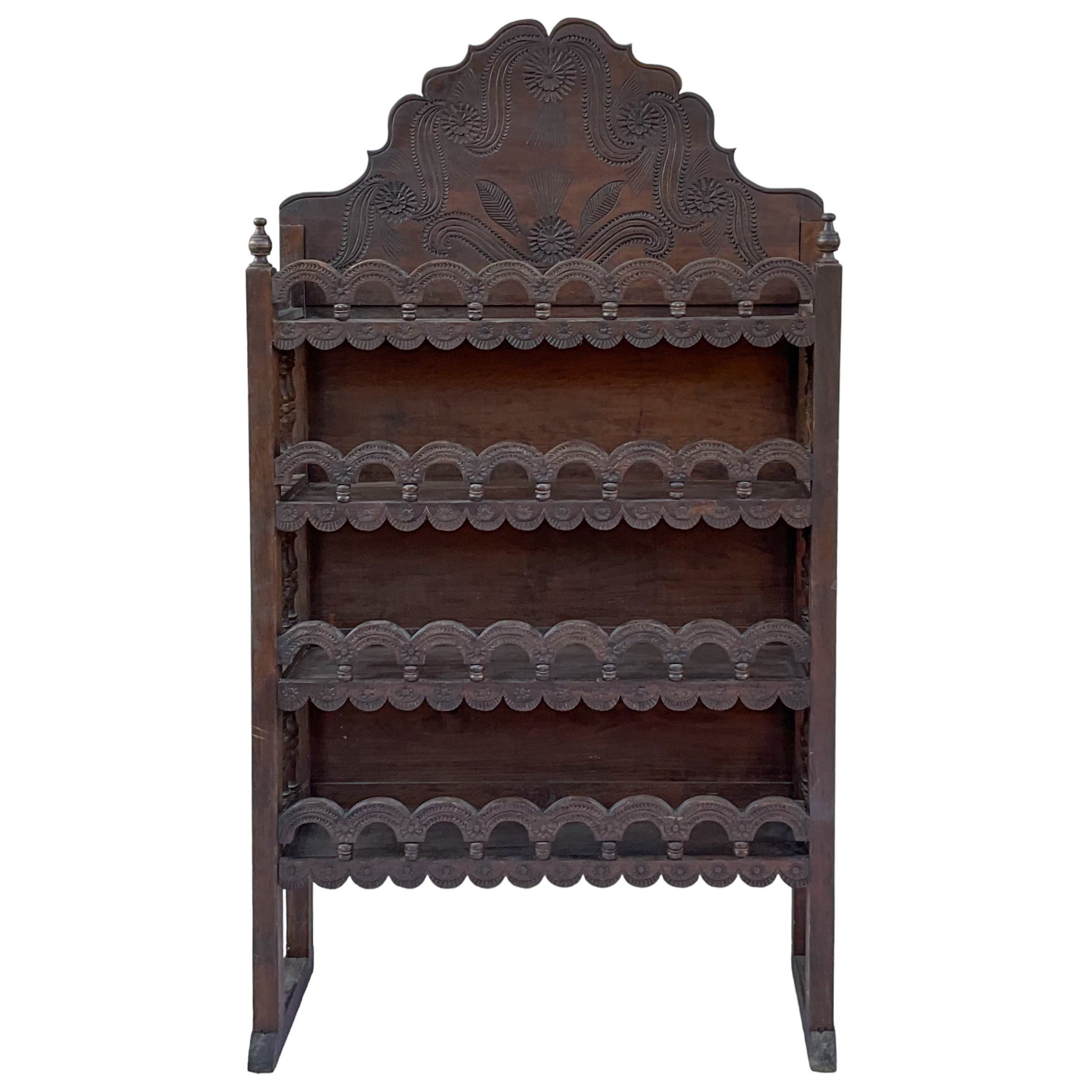 Early 20th-C. Moroccan Heavily Carved Fruitwood Bookcase / Etagere / Shelf For Sale