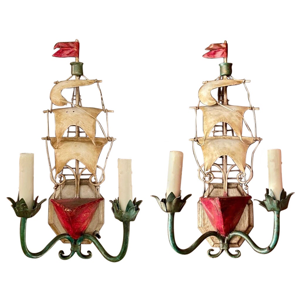 Pair Estate Hand-Painted Metal Ship Wall Sconces, Circa 1950's. For Sale