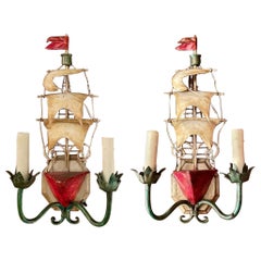 Vintage Pair Estate Hand-Painted Metal Ship Wall Sconces, Circa 1950's.