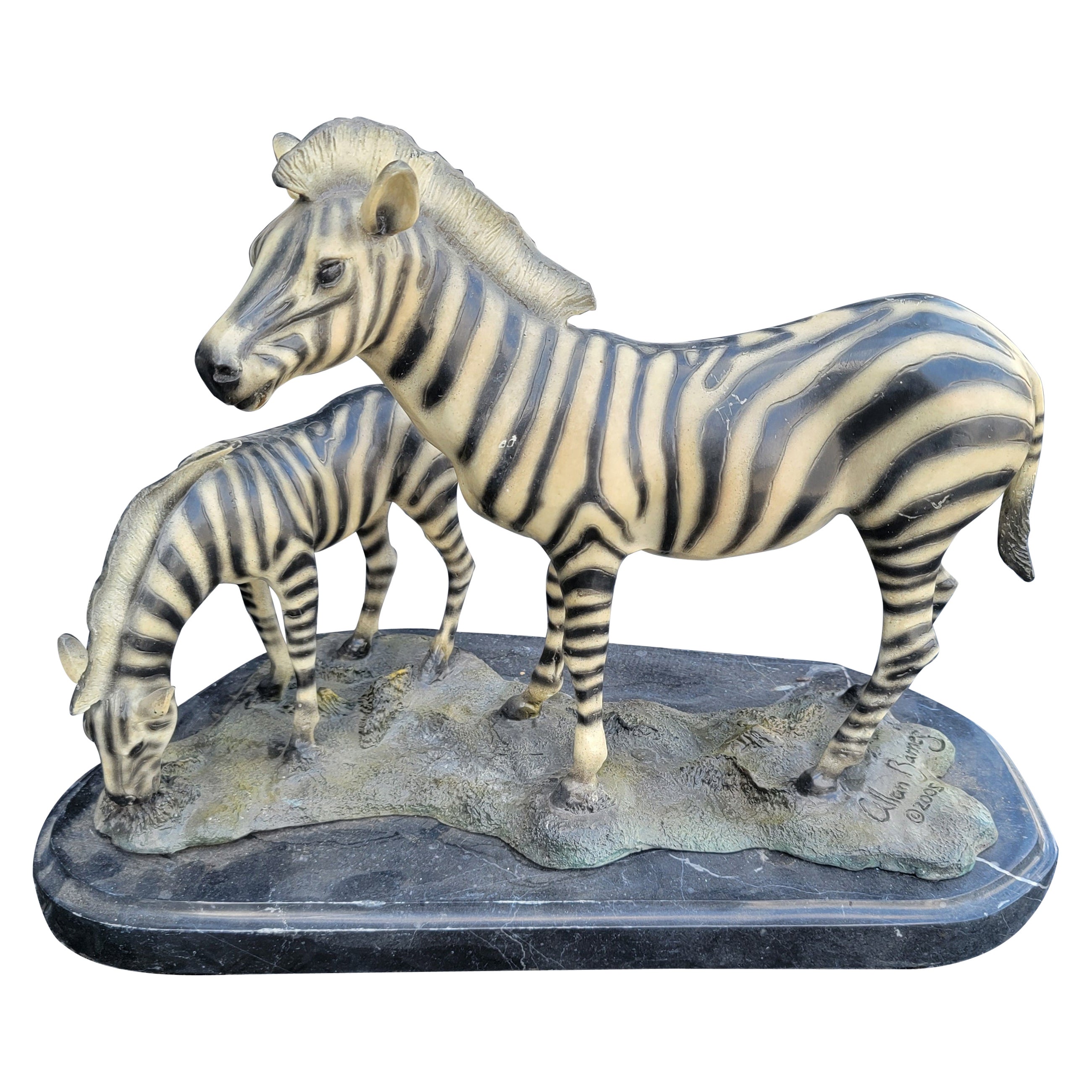 Signed Grazing Zebra Sculpture with Marble Base For Sale