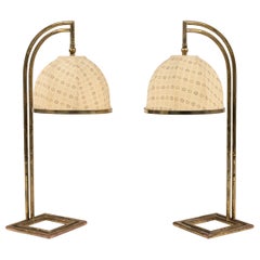 Retro Maison Baguès Pair of Table Lamps in Brass Faux Bamboo and Fabric, Italy 1960s