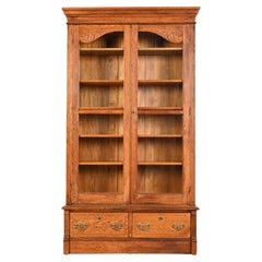 Used Victorian Carved Oak Glass Front Bookcase, Circa 1900