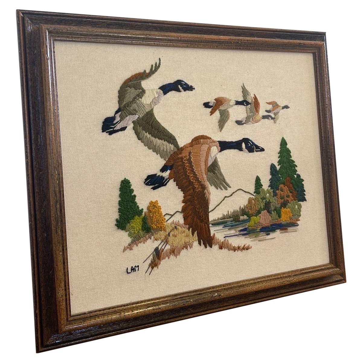 Vintage Handmade Geese Needlepoint Embroidery Artwork Within Wood Frame.