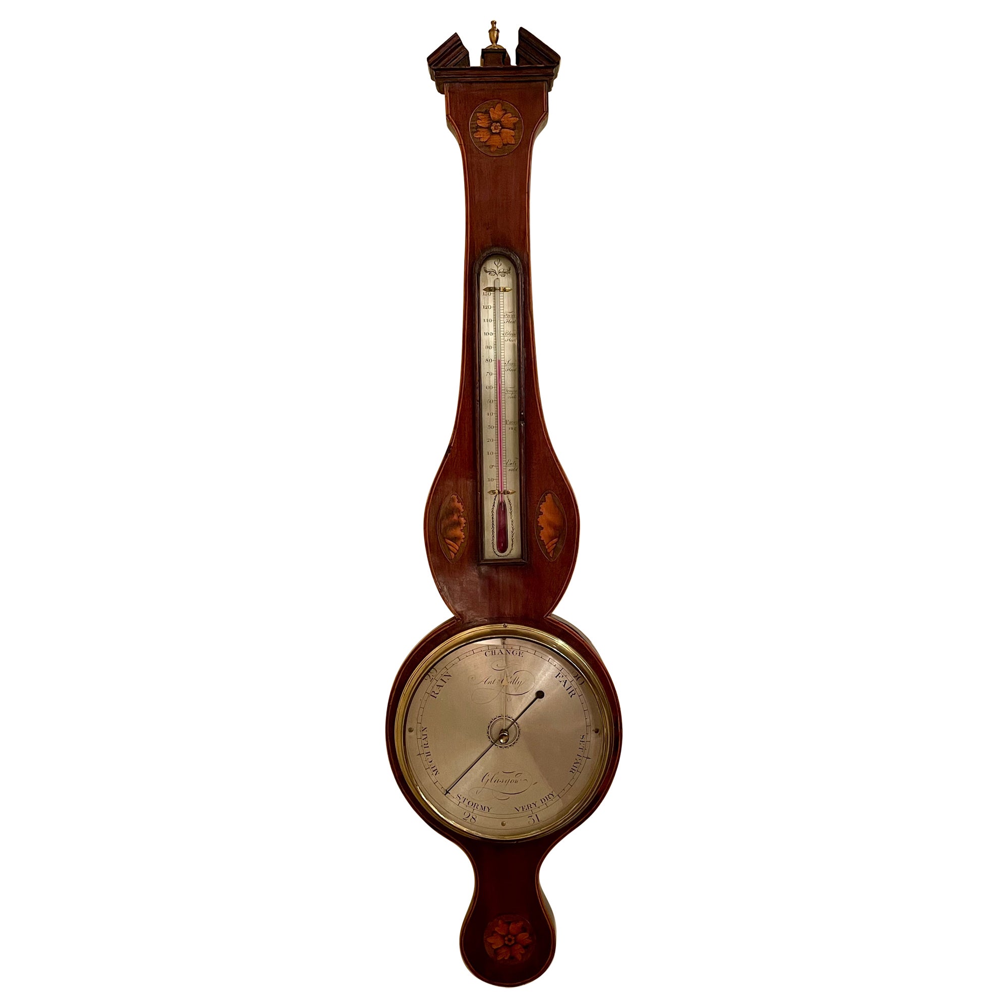 Antique 19th Century Scottish Mahogany with Satinwood Inlay Barometer. For Sale