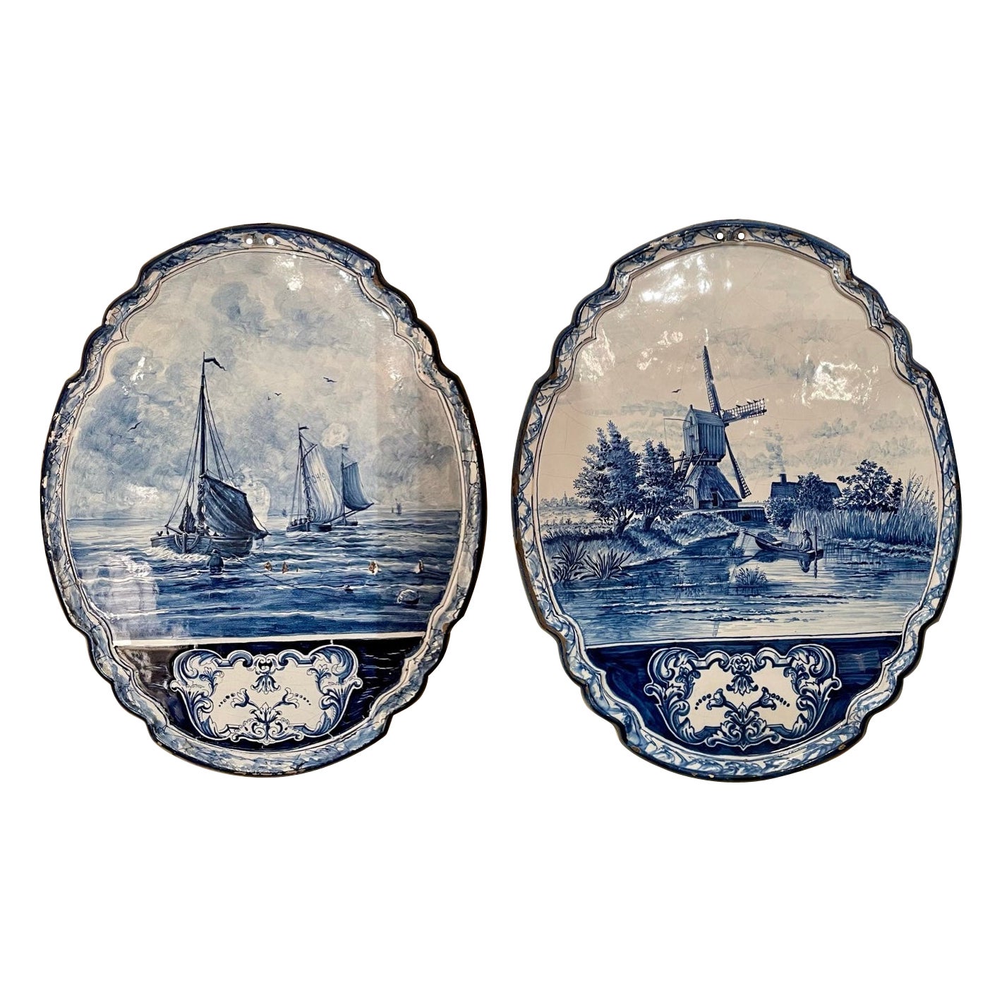 Pair Antique Dutch Blue & White Porcelain Plaques, Circa 1890-1900. For Sale