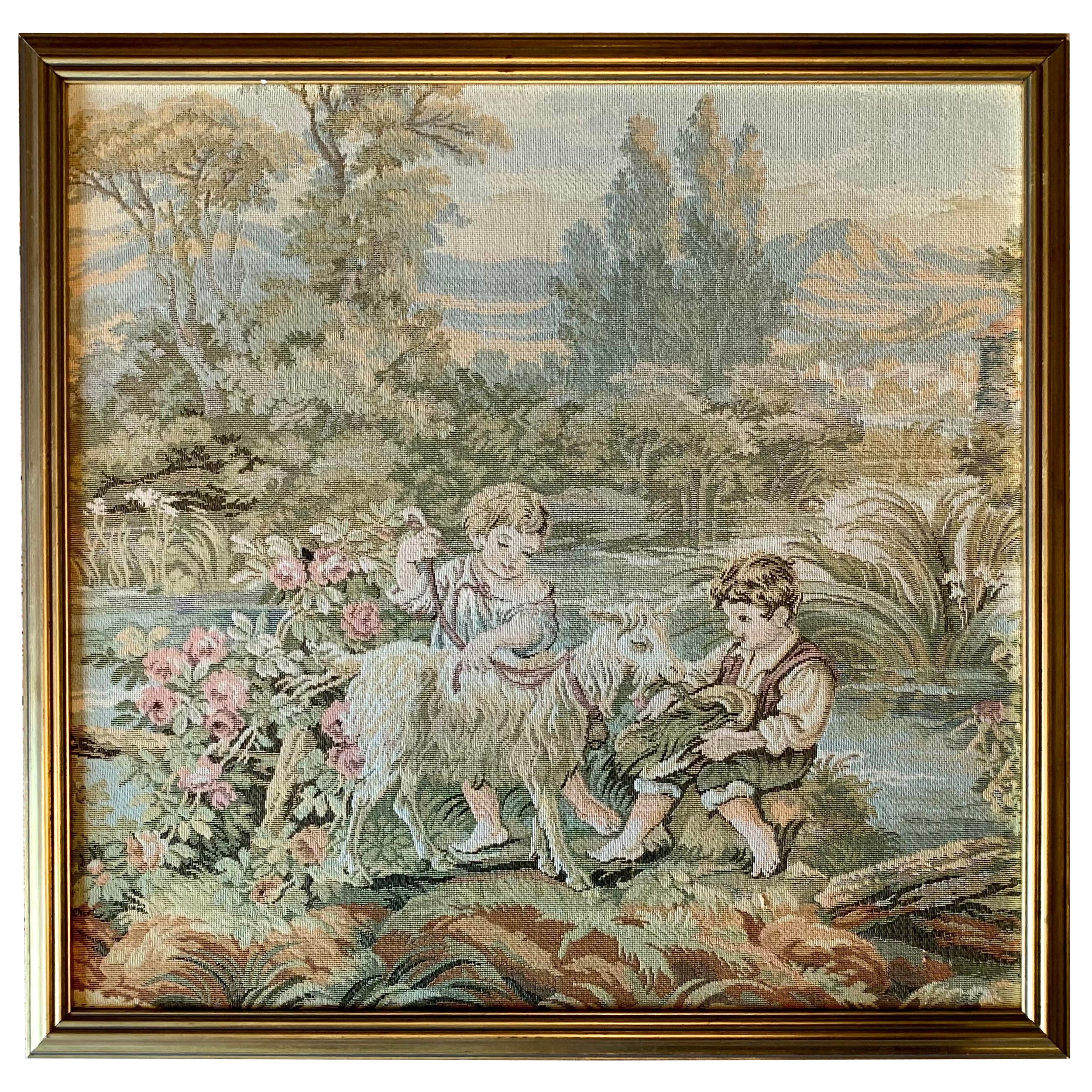 Children's Theme Antique French Country Tapestry - Framed For Sale