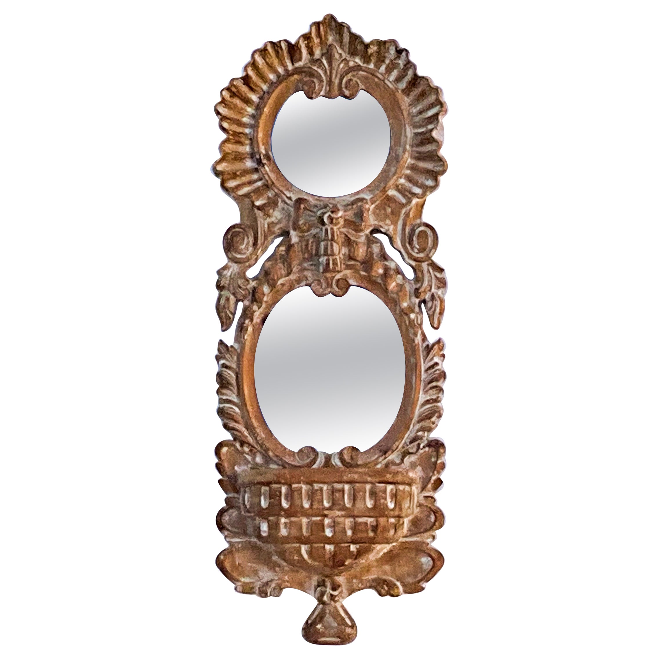1970s Spanish Heavily Carved French Style Mirror With Wall Pocket / Planter  For Sale