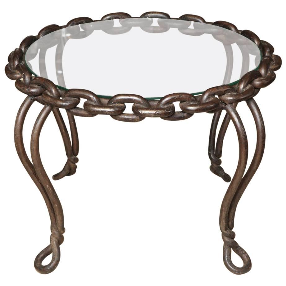 Mid-20th Century Circular Iron Link Coffee Table with Glass Top For Sale