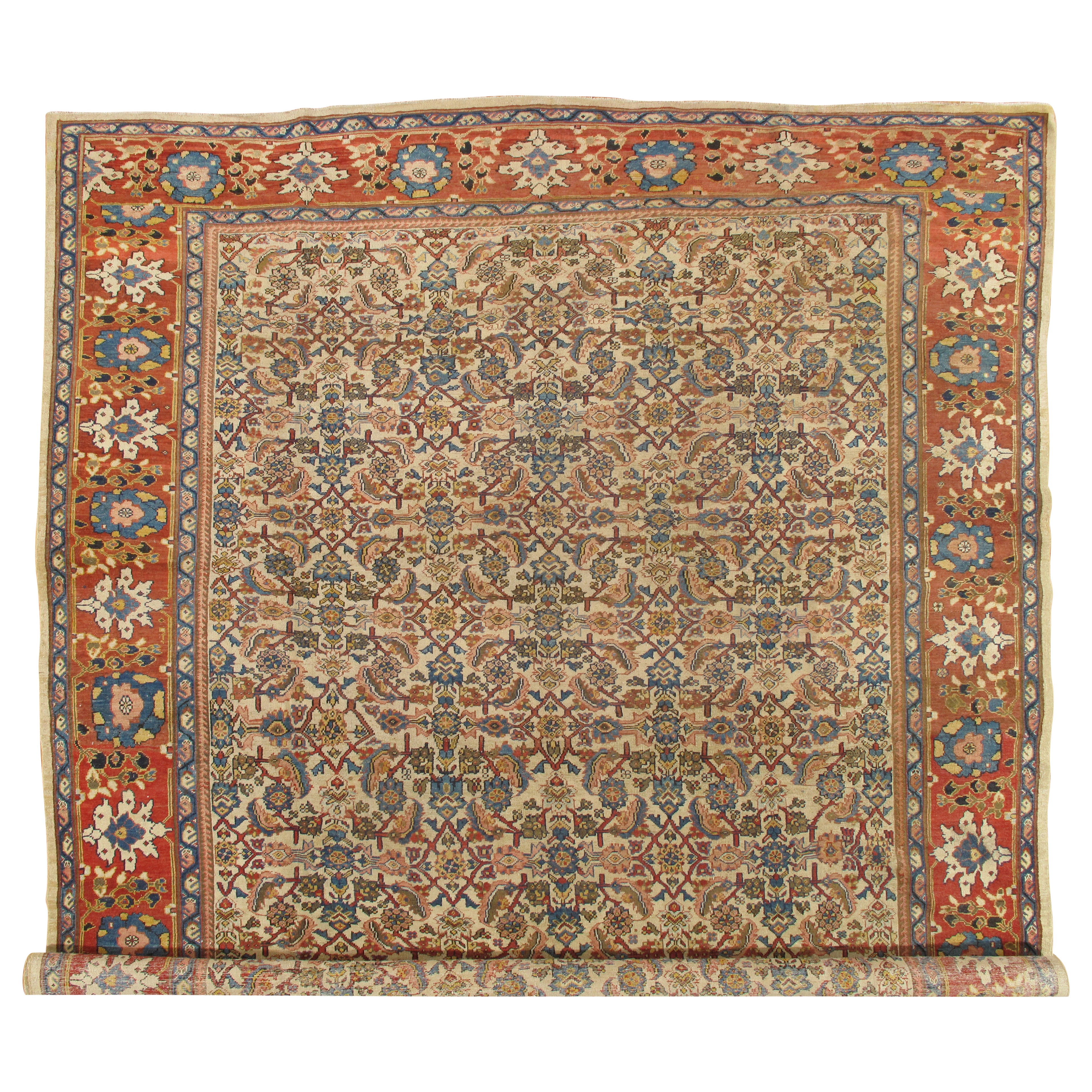 Antique Sultanabad Carpet, Handmade Persian Rug, Ivory, Blue, Green, Soft Red