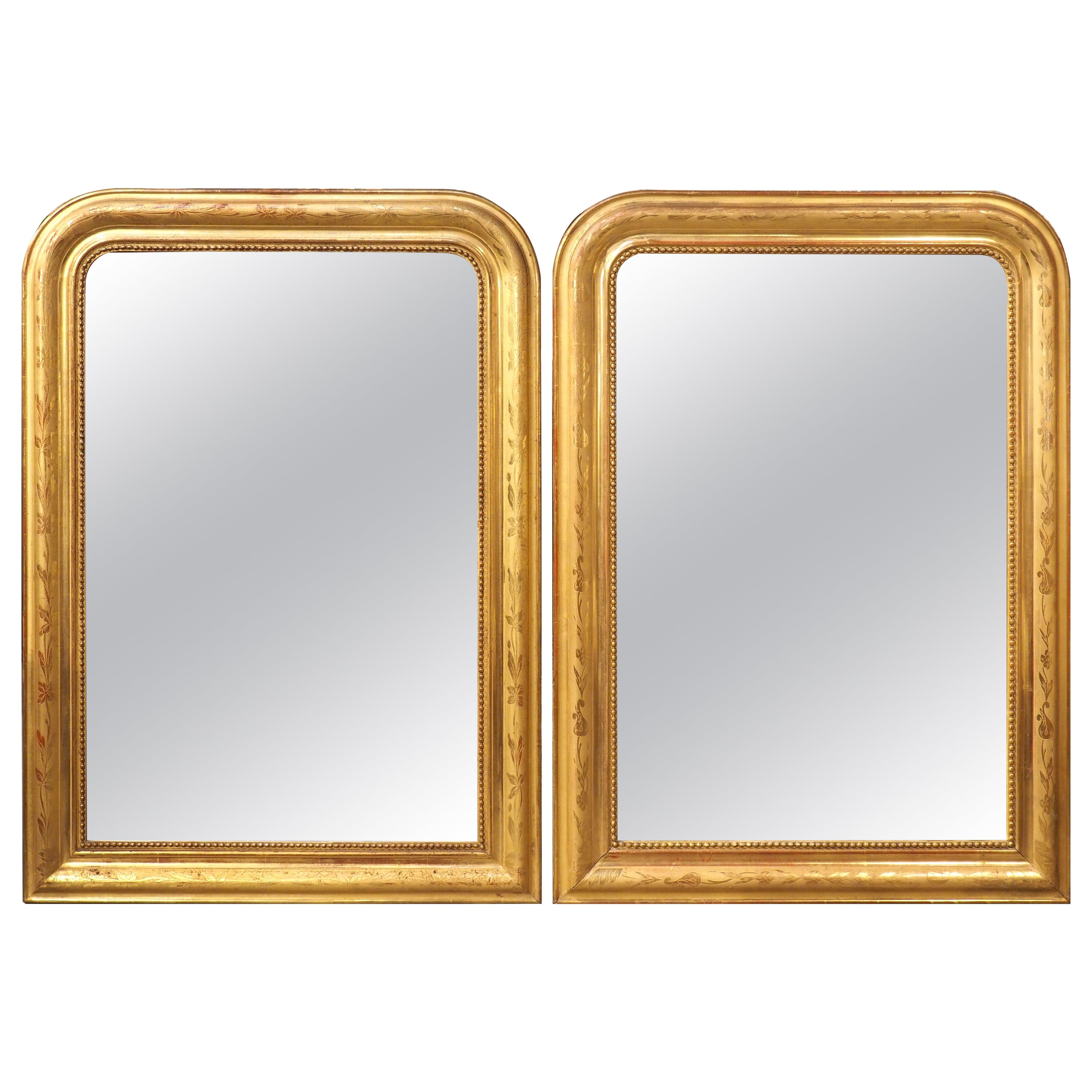 Pair of French Gold Leaf Louis Philippe Mirrors with Floral Motifs, C. 1890 For Sale