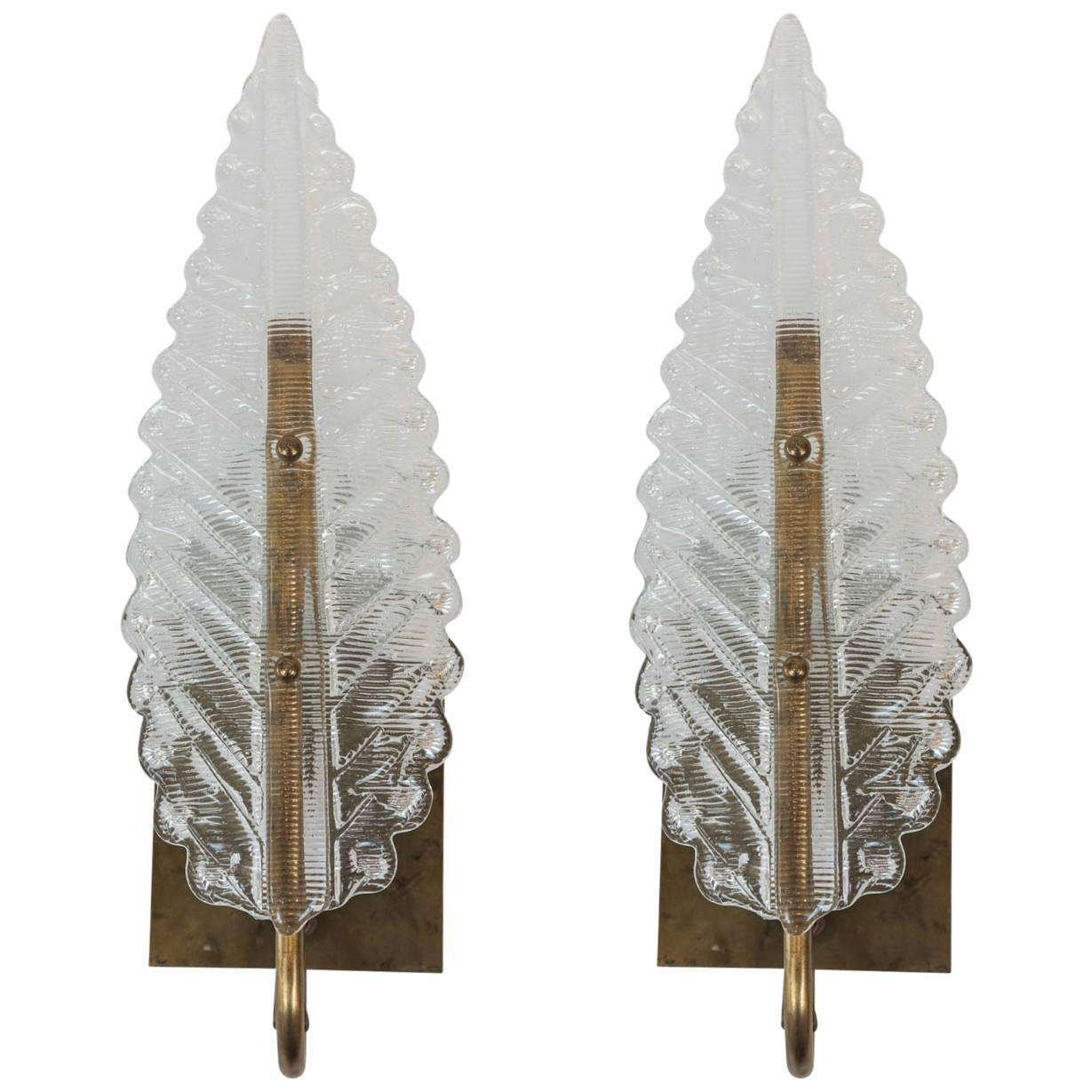 Pair of Vintage French Moderne Style Glass Leaf Sconces