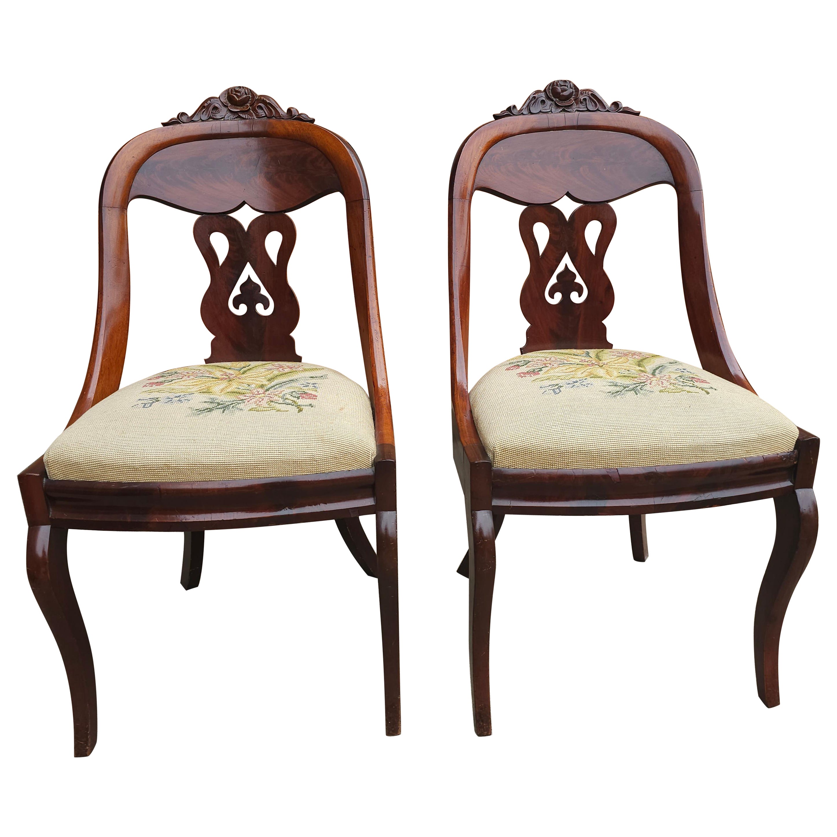 Pair 19th C. American Empire Carved Magogany and Upholstered Chairs For Sale