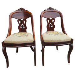 Antique Pair 19th C. American Empire Carved Magogany and Upholstered Chairs