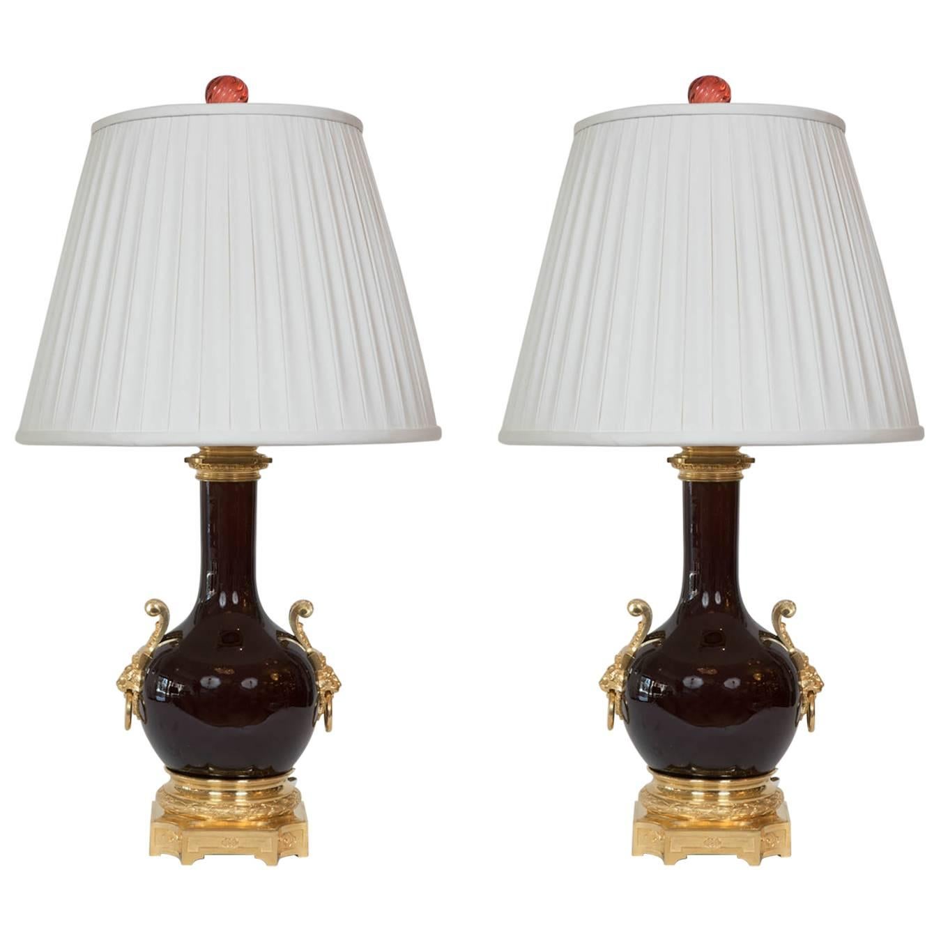 Pair of Chinese Oxblood Lamps with French Ormolu by Gagneau of France
