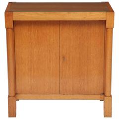 Blond Oak Two-Door Cabinet with Block Feet and Glass Top, France, circa 1970