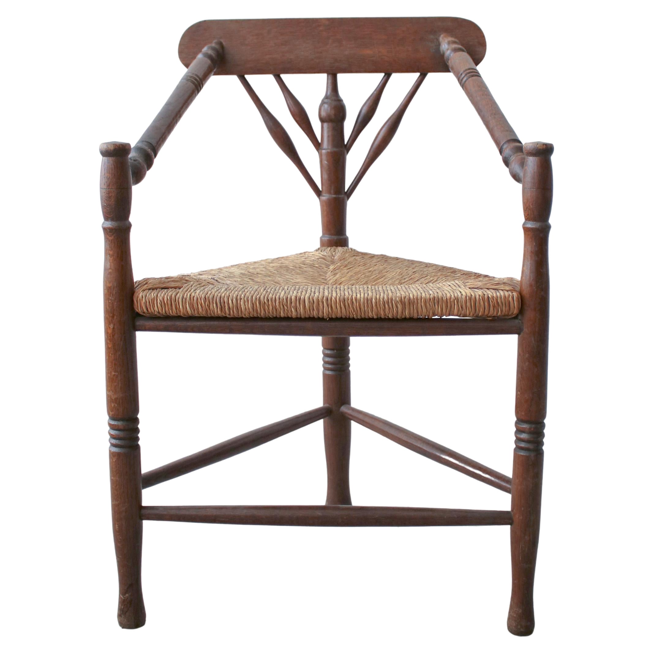 Antique Dutch Oak and Rush Turner's Chair