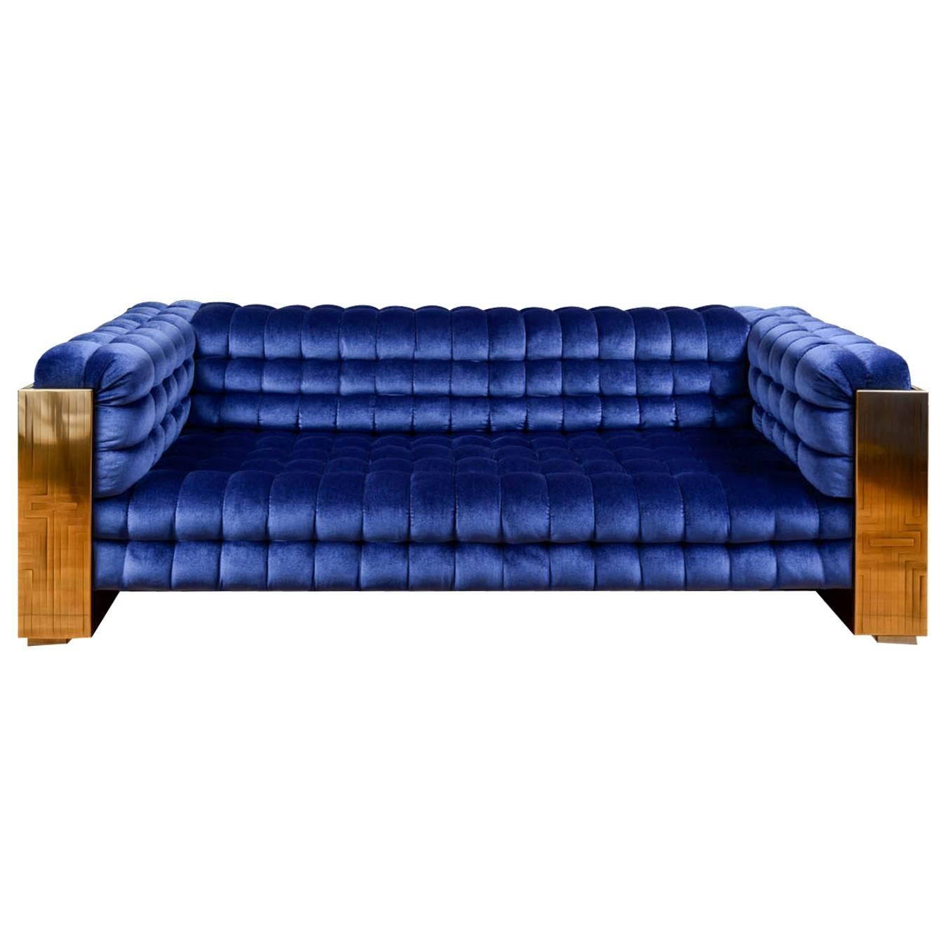 Padded Sofa in Sculpted Brass