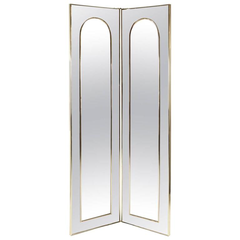 1970s Double Panel Floor Mirror with Brass Detail For Sale at 1stdibs