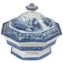 Antique Staffordshire Blue & White Transfer Decorated Covered Bowl/Tureen, 19th Century
