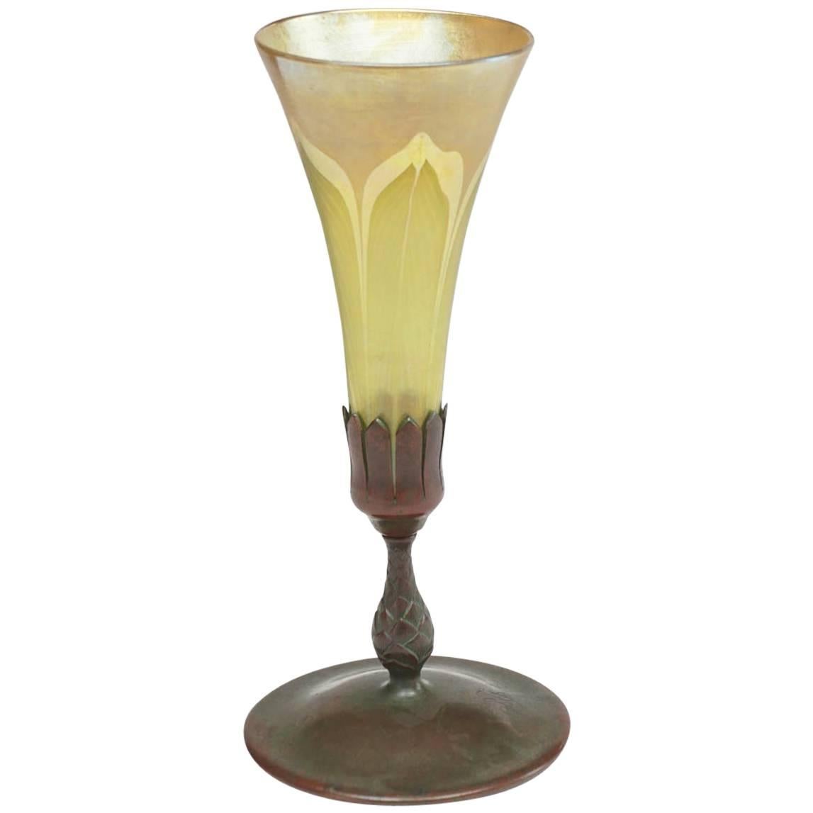 Tiffany Studios Pulled Feather Trumpet Vase, Bronze Base For Sale